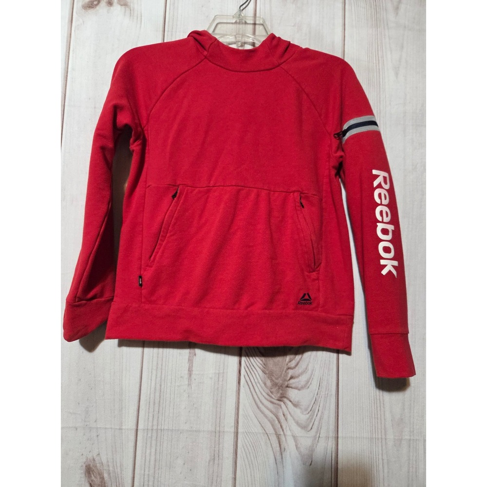 Reebok Kids Red Pullover‎ Hoodie Sweatshirt Size M 8 Thumbholes Zipper Pockets